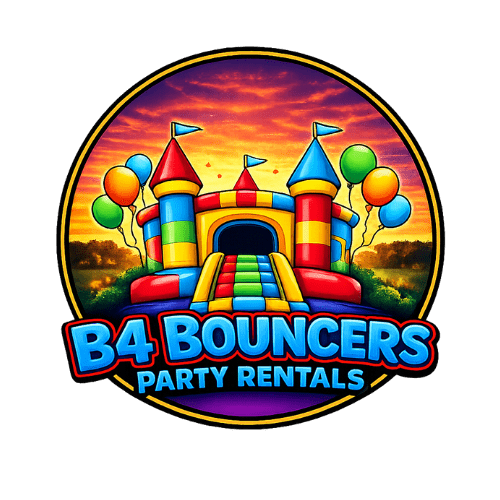 “B4 Bouncers Party Rentals logo with a vibrant inflatable bounce house, balloons on each side, and bold blue lettering, representing fun party and bounce house rentals.”